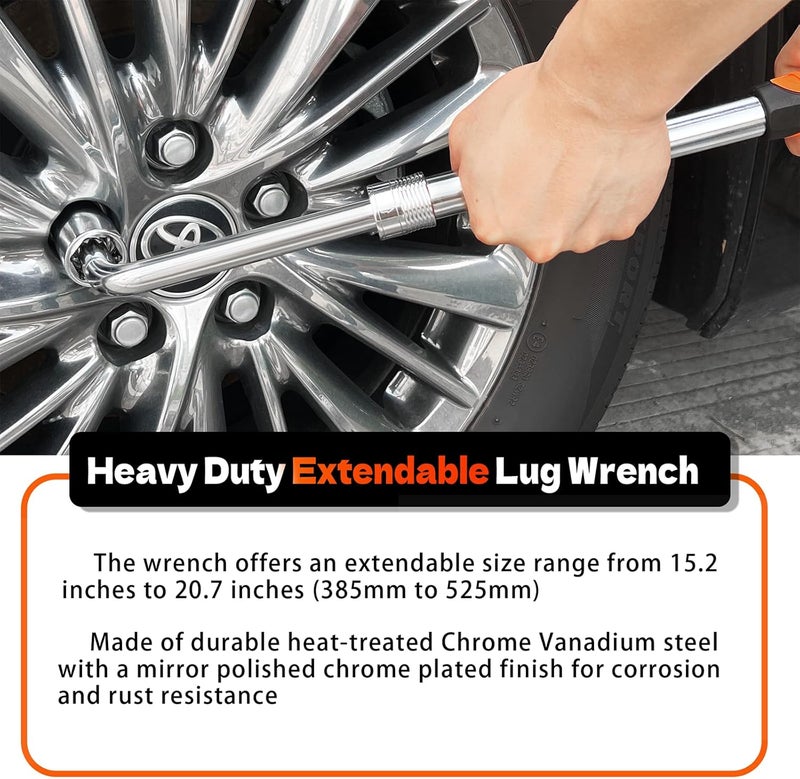 YEKEPRO Extendable Lug Wrench with Flip Sockets, 4-in-1 Telescoping Tire Tool Set, 6 Position Adjustable 15.2" to 20.7", Includes 17/19mm & 21/22mm CR-V Sockets for Most Cars & SUVs - W12004 - Image 3